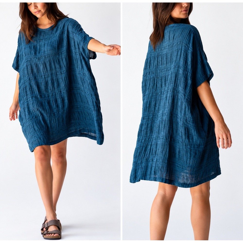 Natural Life Teal Oversized Gauze Tunic Dress Cotton Crinkle Boho L/XL